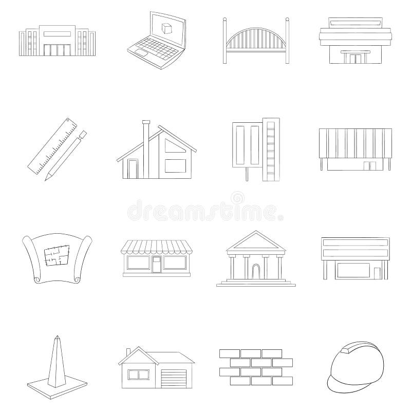 Building reconstruction icon set outline stock illustration