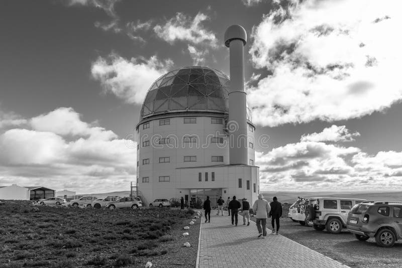 Building of the SALT 11-meter telescope near Sutherland. Monochrome royalty free stock photography