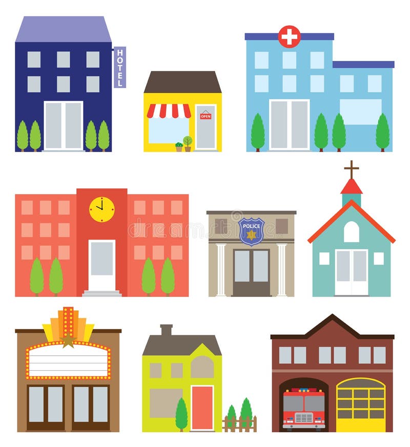 Building Set. Illustration of buildings including store, hotel, hospital, school, police station, church, movie theater, house, and fire station Building Set. Illustration of buildings including store, hotel, hospital, school, police station, church, movie theater, house, and fire station