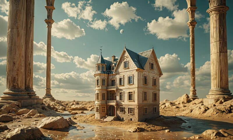 A Building is Shown in a Desert Setting with Pillars Behind it. the ...