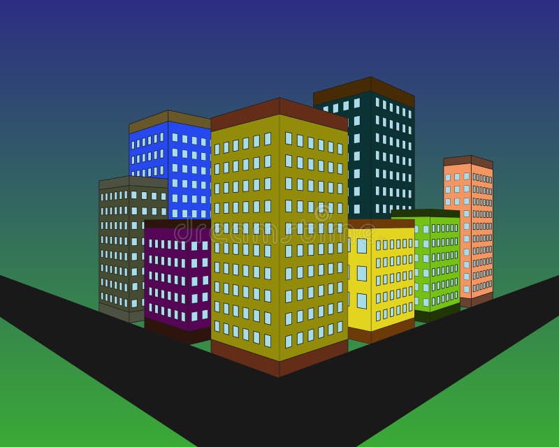 Building silhouette in the evening. Modern city design. Buildings on the blue dark sky background. Vector illustration.