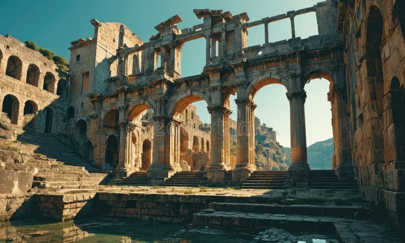 Ai Generated of The ancient ruins of the Roman Forum in Ephesus, Turkey, are captured from a low angle, showcasing the grandeur of the stone structures and the tranquil water below. Ai Generated of The ancient ruins of the Roman Forum in Ephesus, Turkey, are captured from a low angle, showcasing the grandeur of the stone structures and the tranquil water below.