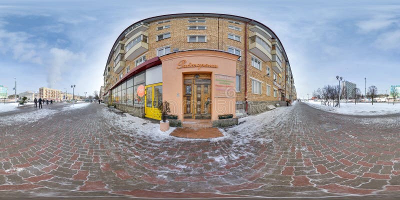 Building at winter with snow and blue sky. Beautiful background. 3D spherical panorama with 360 degree viewing angle. Ready for virtual reality in vr. Full equirectangular projection. Building at winter with snow and blue sky. Beautiful background. 3D spherical panorama with 360 degree viewing angle. Ready for virtual reality in vr. Full equirectangular projection.