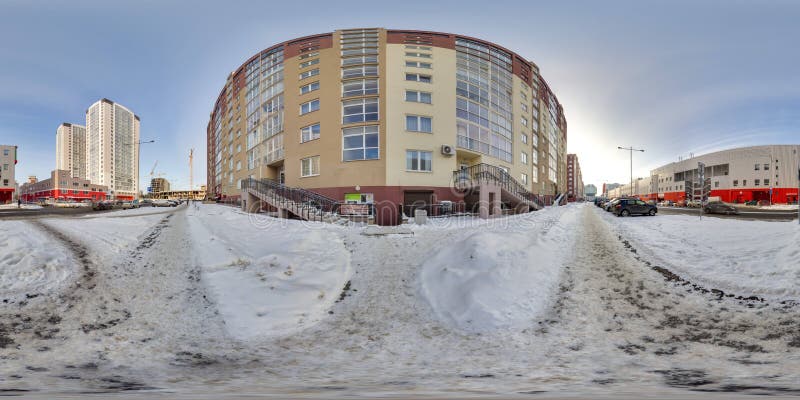 Building at winter with snow and blue sky. Beautiful background. 3D spherical panorama with 360 degree viewing angle. Ready for virtual reality in vr. Full equirectangular projection. Building at winter with snow and blue sky. Beautiful background. 3D spherical panorama with 360 degree viewing angle. Ready for virtual reality in vr. Full equirectangular projection.