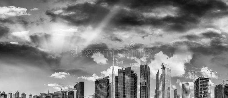 Buildings of Downtown Dubai in Black and White, UAE Stock Photo - Image