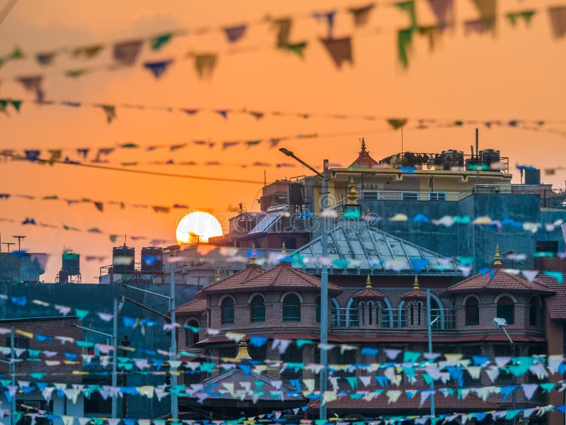 Buildings in Kathmandu Nepal with Sunset on Background Stock Photo