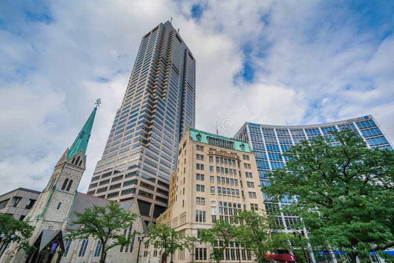 Buildings on Monument Circle in Downtown Indianapolis, Indiana