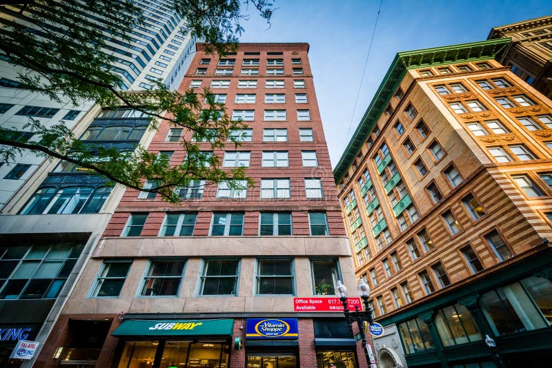 Buildings on Washington Street, in Boston, Massachusetts. Editorial