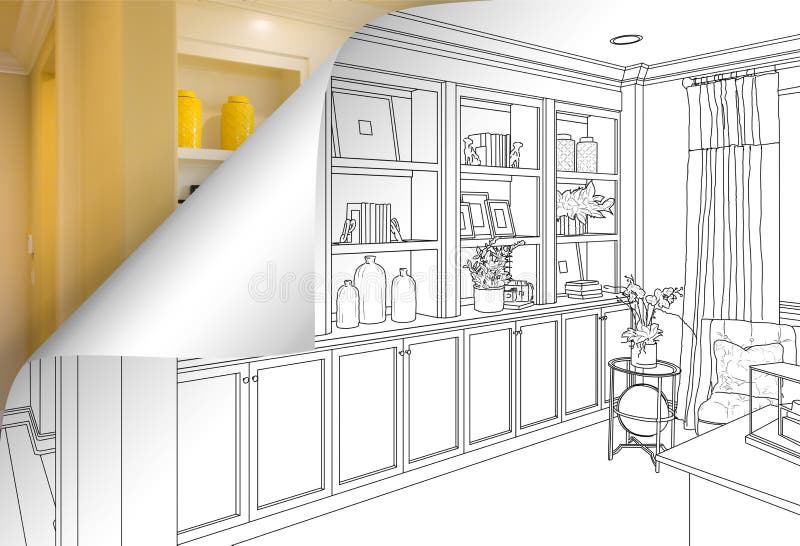 Built-in Shelves and Cabinets Drawing with Page Corner Flipping Stock Photo - Image of