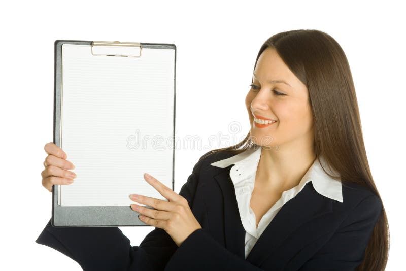 Buisiness Frau, die ein unbelegtes Klemmbrett anhält stockfotos