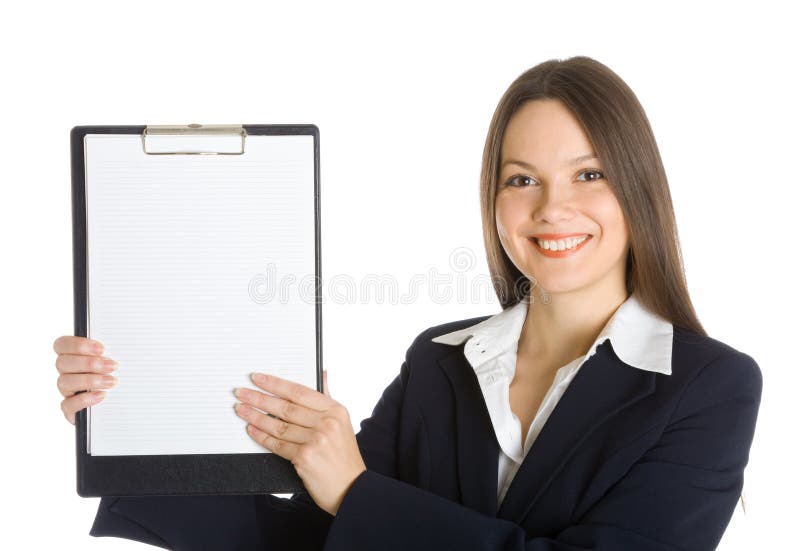 Buisiness Frau, die ein unbelegtes Klemmbrett anhält stockfotografie