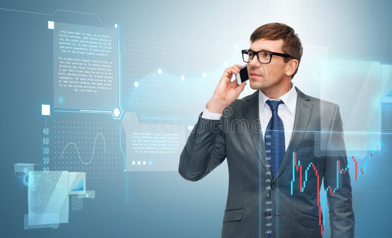 Buisnessman met celtelefoon en forex grafiek royalty-vrije stock afbeeldingen Buisnessman met celtelefoon en forex grafiek royalty-vrije stock afbeeldingen