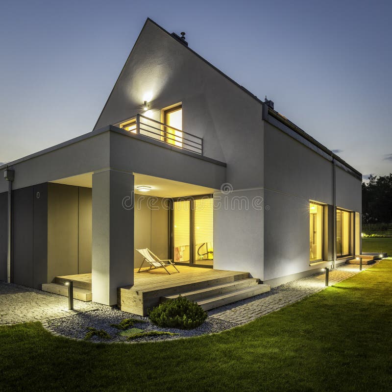 Buitenkant van verlicht huis onder groen stock afbeelding Buitenkant van verlicht huis onder groen stock afbeelding