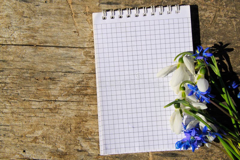 Bukett av den vårblommor och notepaden på träbakgrund royaltyfria bilder Bukett av den vårblommor och notepaden på träbakgrund royaltyfria bilder