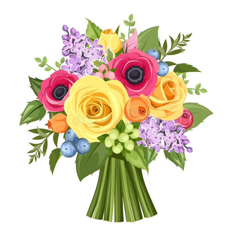 Buketten av färgrika rosor, anemoner och lilan blommar också vektor för coreldrawillustration stock illustrationer