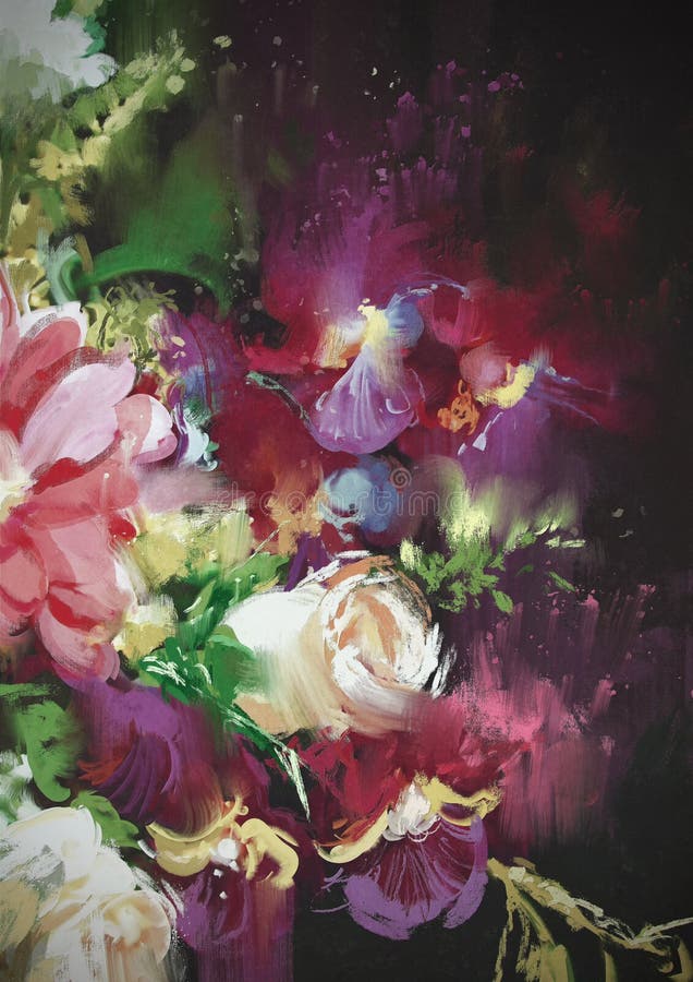 Buketten blommar på mörk bakgrund stock illustrationer