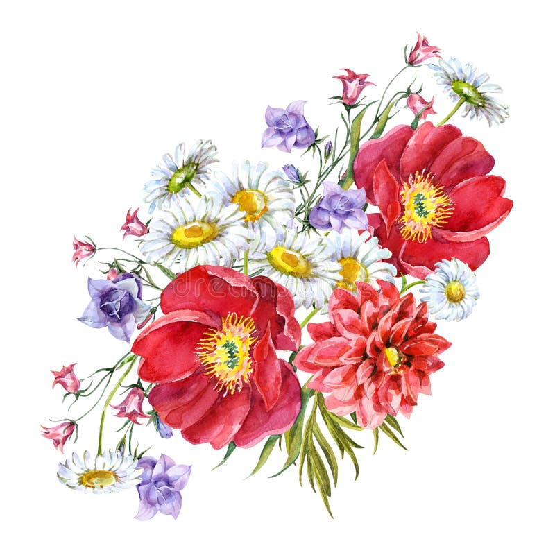 Buketten blommar, vit bakgrund, vattenfärgen, modell vektor illustrationer