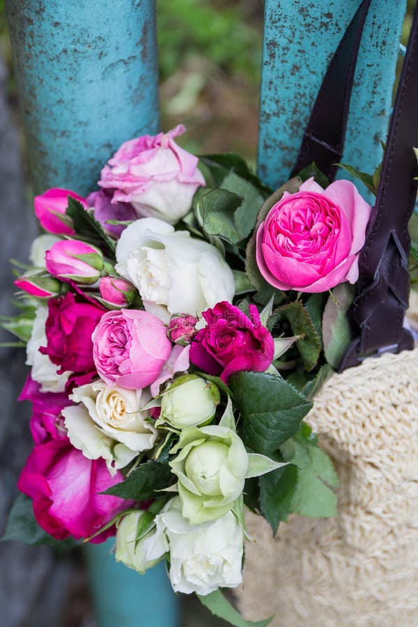 Bukiet fragrant angielszczyzny różowe i białe róże w torbie rafiowy obwieszenie na ogrodzeniu fotografia stock Bukiet fragrant angielszczyzny różowe i białe róże w torbie rafiowy obwieszenie na ogrodzeniu fotografia stock