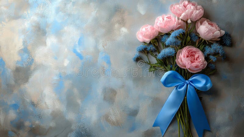Bukiet różowy i niebieski Peony z wstążką na teksturowanym tle ilustracja wektor