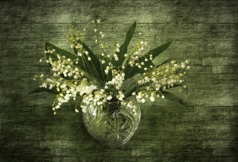 Lily of the valley bouquet on green wooden background. Lily of the valley bouquet on green wooden background
