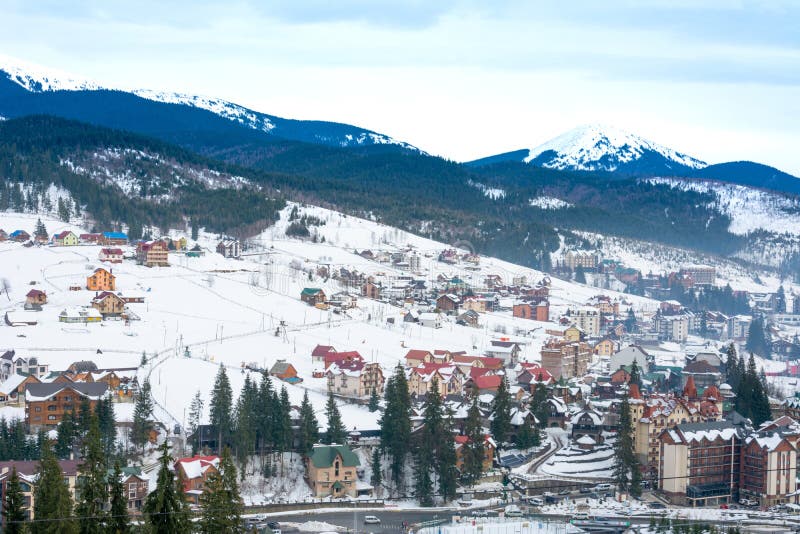 Bukovel, Ukraine February 3, 2019: hotel complexes in Bukovel, winter landscape and recreation in the mountains.new. Bukovel, Ukraine February 3, 2019: hotel complexes in Bukovel, winter landscape and recreation in the mountains.new