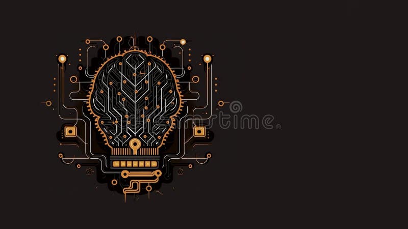 Bulb like robotic human brain with detailed circuits. Concept art of artificial intelligence, machine learning, brain power or stock illustration