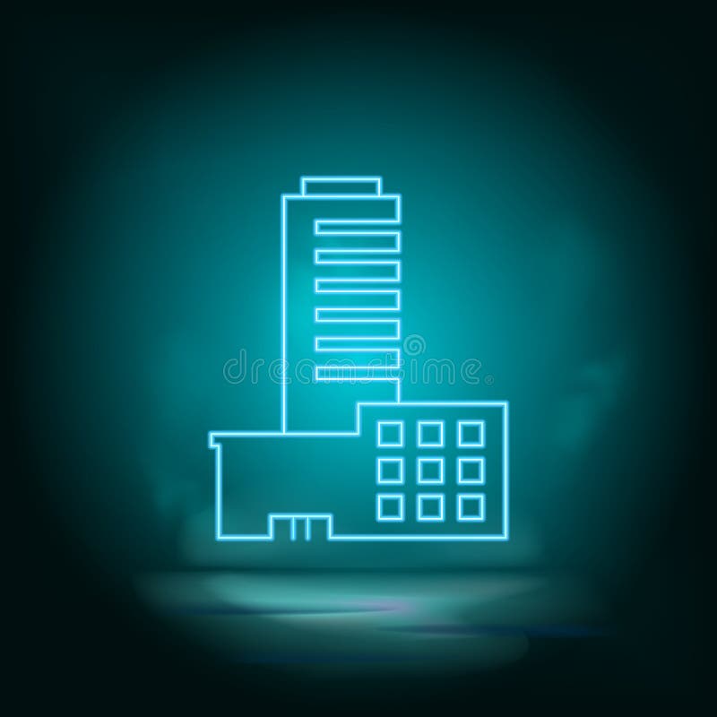 Bulding, Neon Blue, Hotel. Blue Neon, Building Icon. Vector Background
