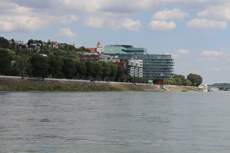 Bulding River park on Riverbank of Danube river with Bratislava castle, Bratislava