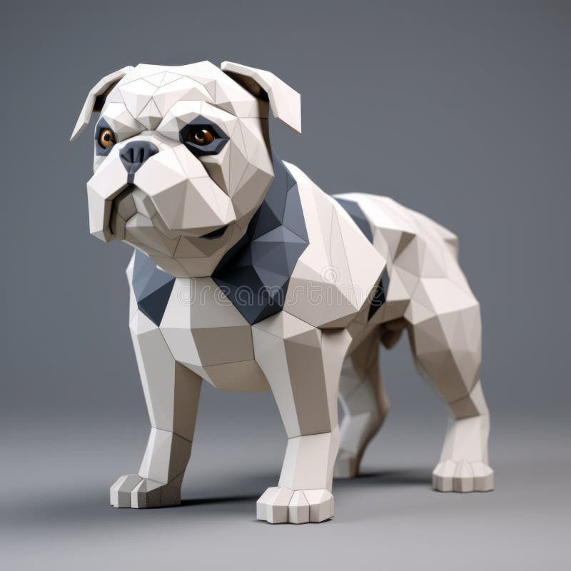a small, white bulldog is depicted in a monogonal and polygonal style on a grey background. the low poly design showcases simple shapes and stripes, giving it a cartoony and bold traditional look. the detailed rendering and realistic textures, created using vray and layered mesh, add depth to the image. the shallow depth of field enhances the overall aesthetic. ai generated. a small, white bulldog is depicted in a monogonal and polygonal style on a grey background. the low poly design showcases simple shapes and stripes, giving it a cartoony and bold traditional look. the detailed rendering and realistic textures, created using vray and layered mesh, add depth to the image. the shallow depth of field enhances the overall aesthetic. ai generated