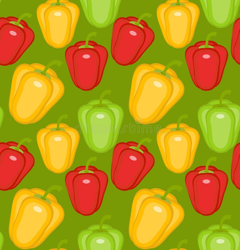 Bulgarian pepper seamless pattern. Paprika yellow, green, red, endless background, texture. Vegetable background Vector