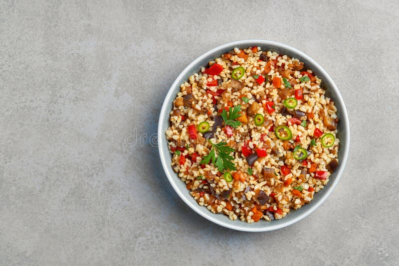 Bulgur Pilaf with Eggplant and Vegetables. Top View with Copy Space Stock Image Image of