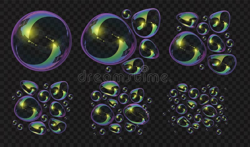Bulgări de săpun 3d realiste și bulgări de deformare. sfere lucioase cu reflexie. apă de spumă transparentă pentru baie stock illustration