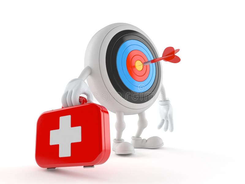 Bull`s eye character holding first aid kit stock illustration Bull`s eye character holding first aid kit stock illustration