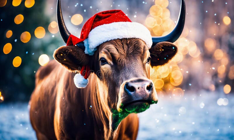 bull in santa&#x27;s hat year of the ox. Selective focus. animal. AI generated