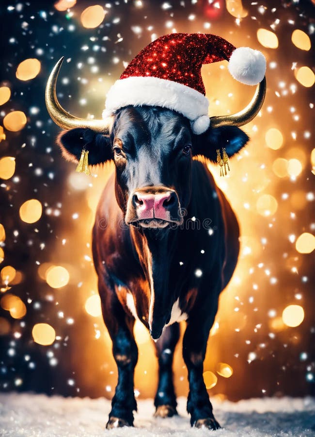 bull in santa& x27;s hat year of the ox. Selective focus. animal. AI generated