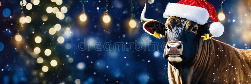 bull in santa& x27;s hat year of the ox. Selective focus. animal. AI generated