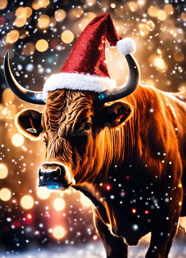 bull in santa& x27;s hat year of the ox. Selective focus. animal. AI generated