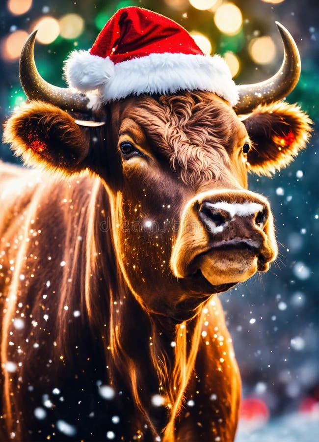 bull in santa& x27;s hat year of the ox. Selective focus. animal. AI generated