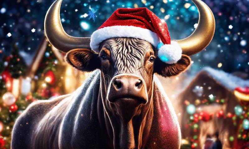 bull in santa& x27;s hat year of the ox. Selective focus. animal. AI generated