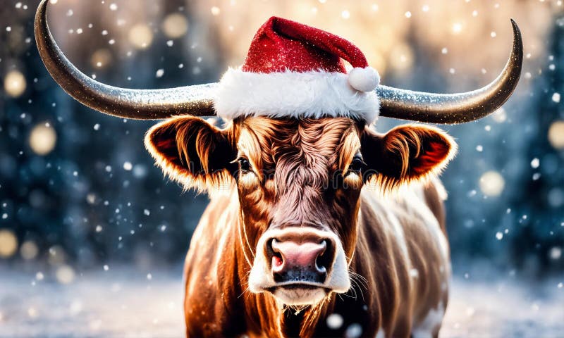 bull in santa& x27;s hat year of the ox. Selective focus. animal. AI generated