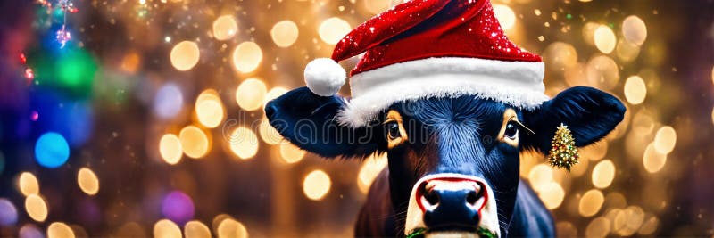 bull in santa& x27;s hat year of the ox. Selective focus. animal. AI generated