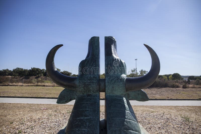 Bull statue symbol of taurus age. The areas of Extremadura Spain and Alentejo Portugal bring together a huge amount of megalithic archaeological sites between 5 royalty free stock images Bull statue symbol of taurus age. The areas of Extremadura Spain and Alentejo Portugal bring together a huge amount of megalithic archaeological sites between 5 royalty free stock images