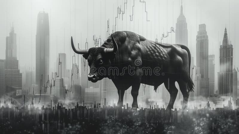 A bull superimposed on a city skyline with stock market candlestick charts. Symbolic representation of economic growth, bullish royalty free illustration