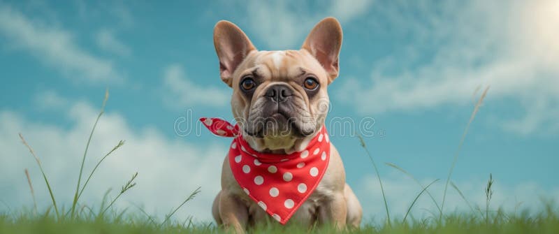 Bulldog in Red Polka Dot Bandana sitzt auf Gras mit Clear Blue Sky und leerem Platz für Text oder Grafik lizenzfreies stockfoto