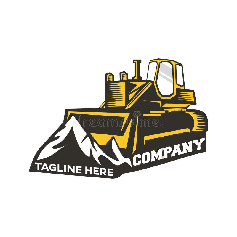 Bulldozer e montagne con logo moderno Illustrazione vettoriale