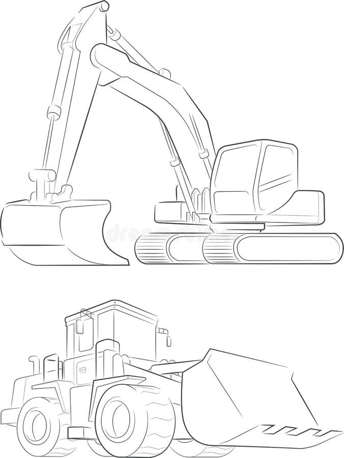 Bulldozer & escavatore Vector Line Art