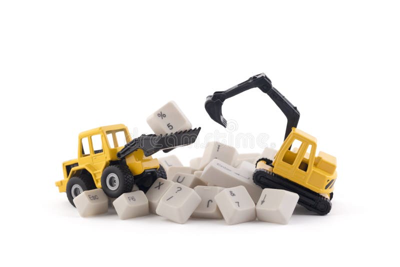 Bulldozer and excavator working on computer keys on white background. Bulldozer and excavator working on computer keys isolated on white background with clipping royalty free stock images Bulldozer and excavator working on computer keys on white background. Bulldozer and excavator working on computer keys isolated on white background with clipping royalty free stock images