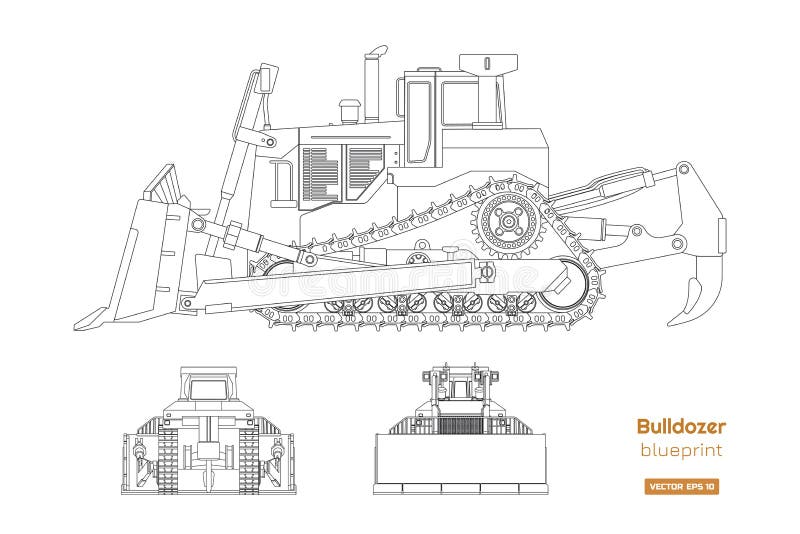Bulldozer nello stile del profilo Parte anteriore, lato e vista posteriore dello zappatore Disegno isolato industriale del bulldo royalty illustrazione gratis