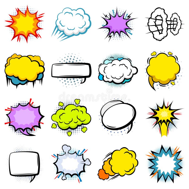 Comic colorful explosion speech bubbles set of different shapes with halftone and sound effects isolated vector illustration. Comic colorful explosion speech bubbles set of different shapes with halftone and sound effects isolated vector illustration