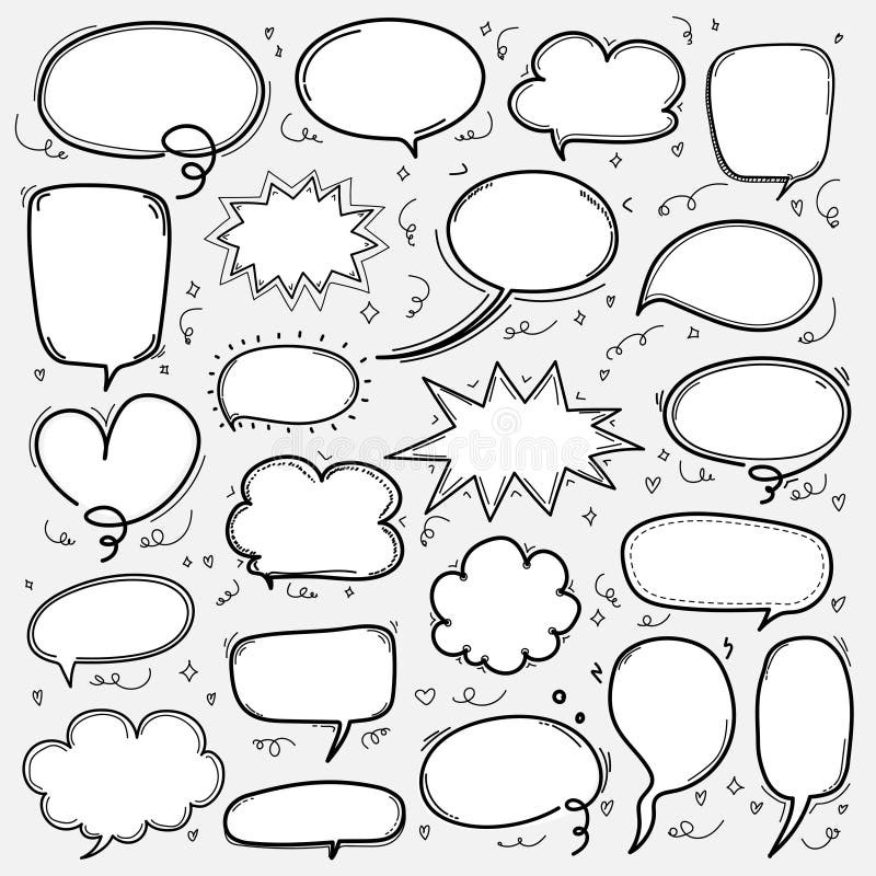 Bulles tirées par la main réglées Le ballon comique de style de griffonnage, nuage a formé des éléments de conception illustration libre de droits Bulles tirées par la main réglées Le ballon comique de style de griffonnage, nuage a formé des éléments de conception illustration libre de droits